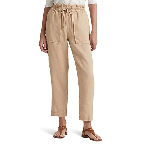 Lauren Ralph Lauren Womens Linen Ankle Pants Birch Tan Sz 14 High Rise Straight - Picture 5 of 14